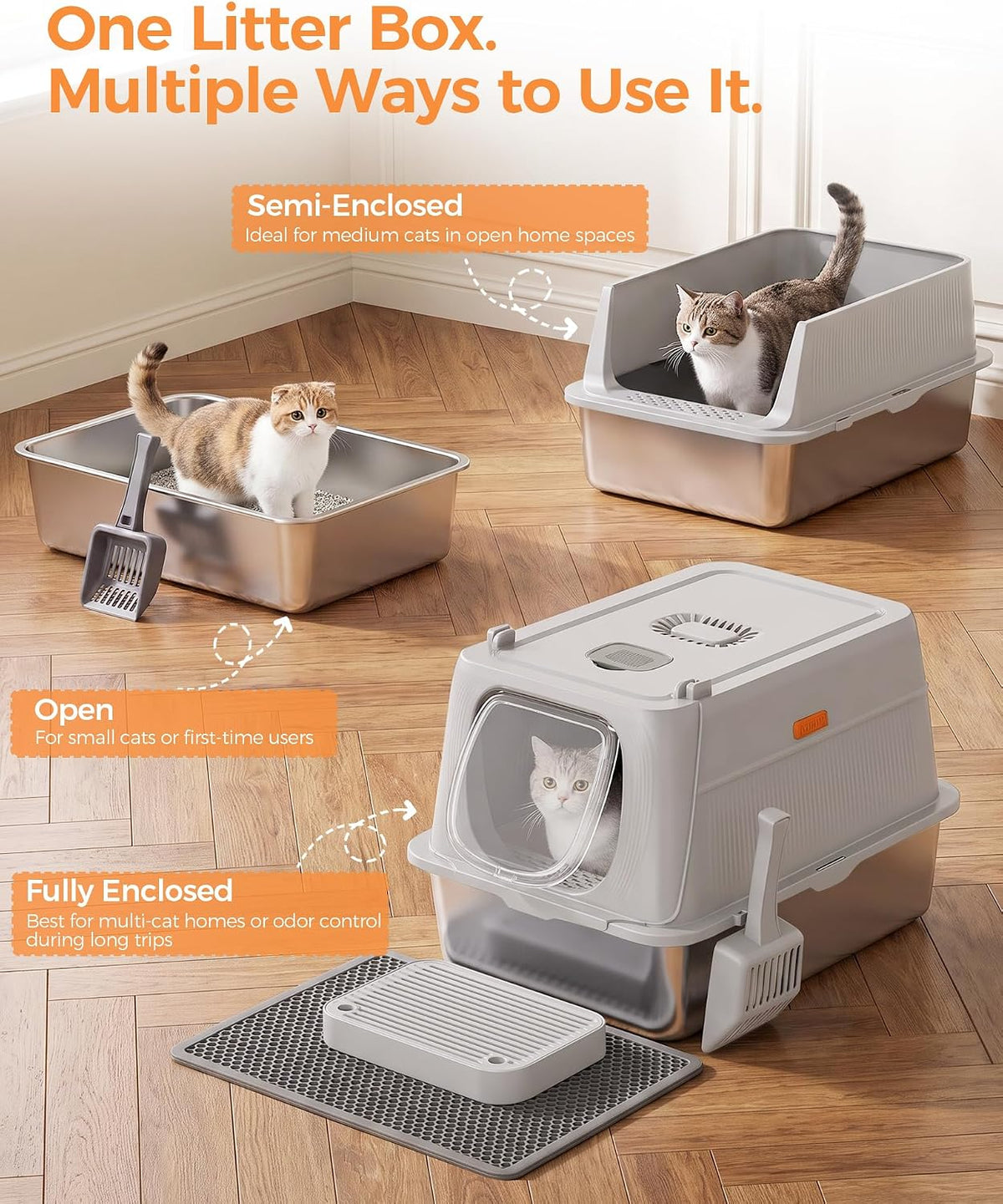 GTPLAYER XL Stainless Steel Cat Litter Box with Lid, High Sided Enclosed Cat Litter Box, Activated Carbon Odor Control, Extra Large Metal Litter Box, Anti-Leak, with Mat & Step, Slate Gray