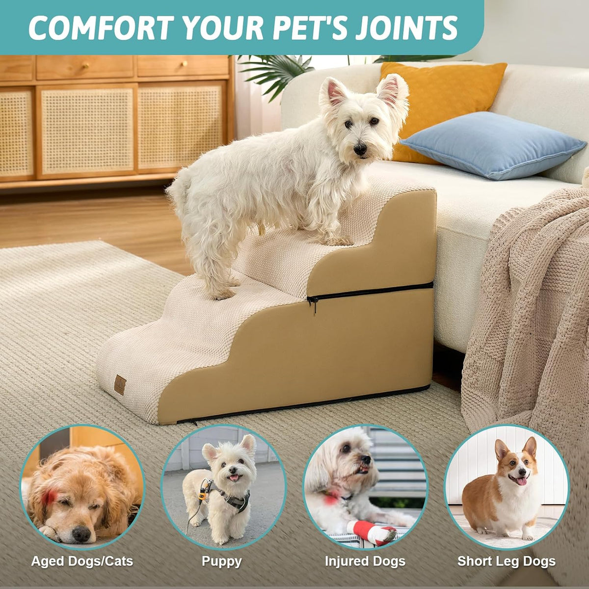 COZY KISS Detachable Small Dog Stair 19.7"H, 4 Step Pet Ramp for Bed, Beige
