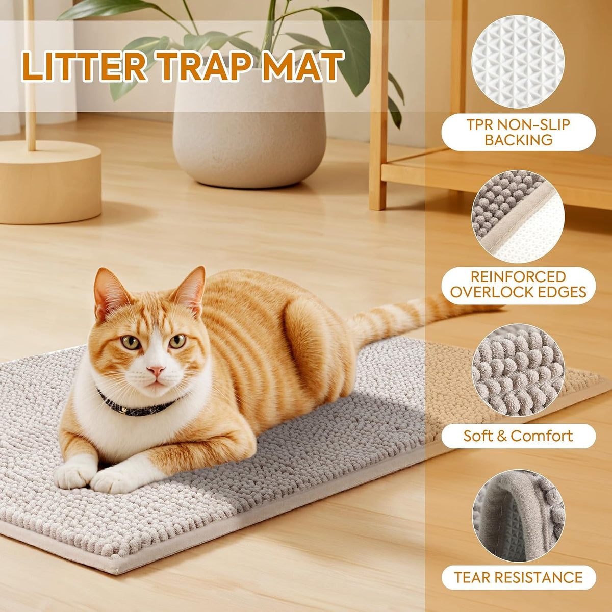 Pieviev Soft Chenille Cat Litter Box Mat, Ultra Absorbent, 36'' x 30'' | Long Plush Chenille Traps Cat Deeply, Waterproof Tpr Anti-Slip Backing, Absorbs Moisture, Machine Washable Cat Mat