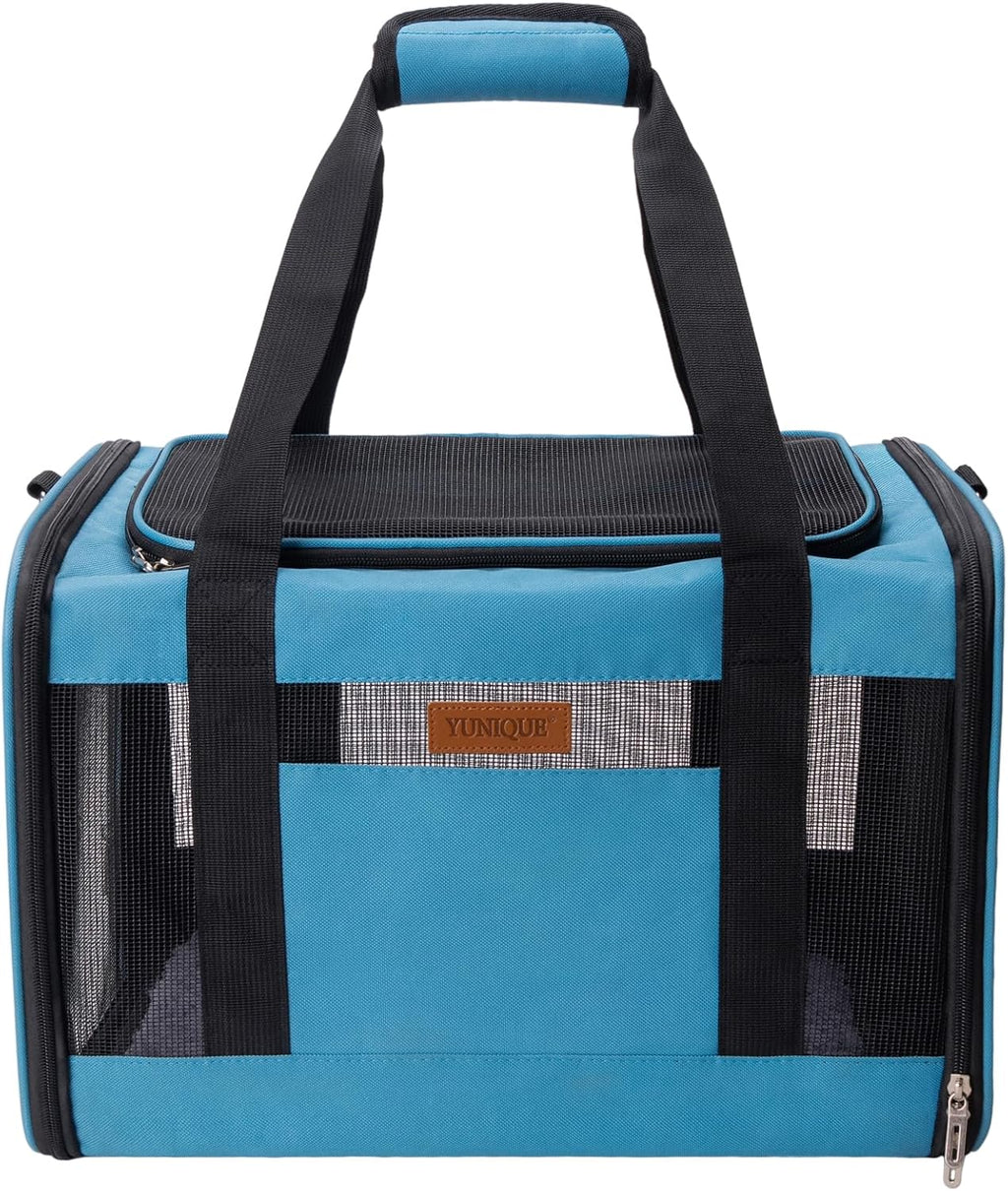 YUNIQUE Soft-Sided Cat & Dog Carrier for Pets Up to 15 Lbs, Airline Approved Collapsible Travel Puppy Carrier with Lightweight Fabric Design (Blue)