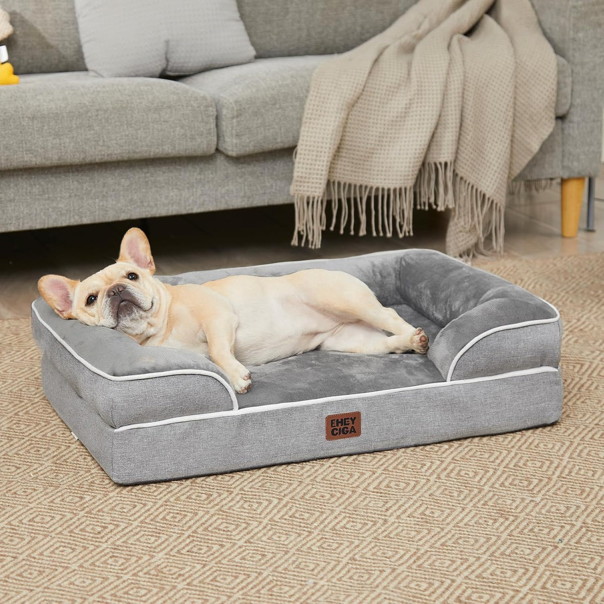 EHEYCIGA Orthopedic Dog Beds for Large Dogs, Waterproof Memory Foam Large Dog Bed with Sides, Non-Slip Bottom and Egg-Crate Foam Pet Couch Bed with Washable Removable Cover, Grey
