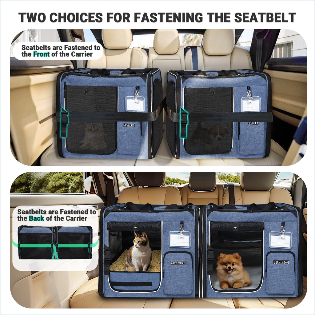 Petskd 2 in 1 Double Cat Car Travel Carrier with Litter Box, Blue