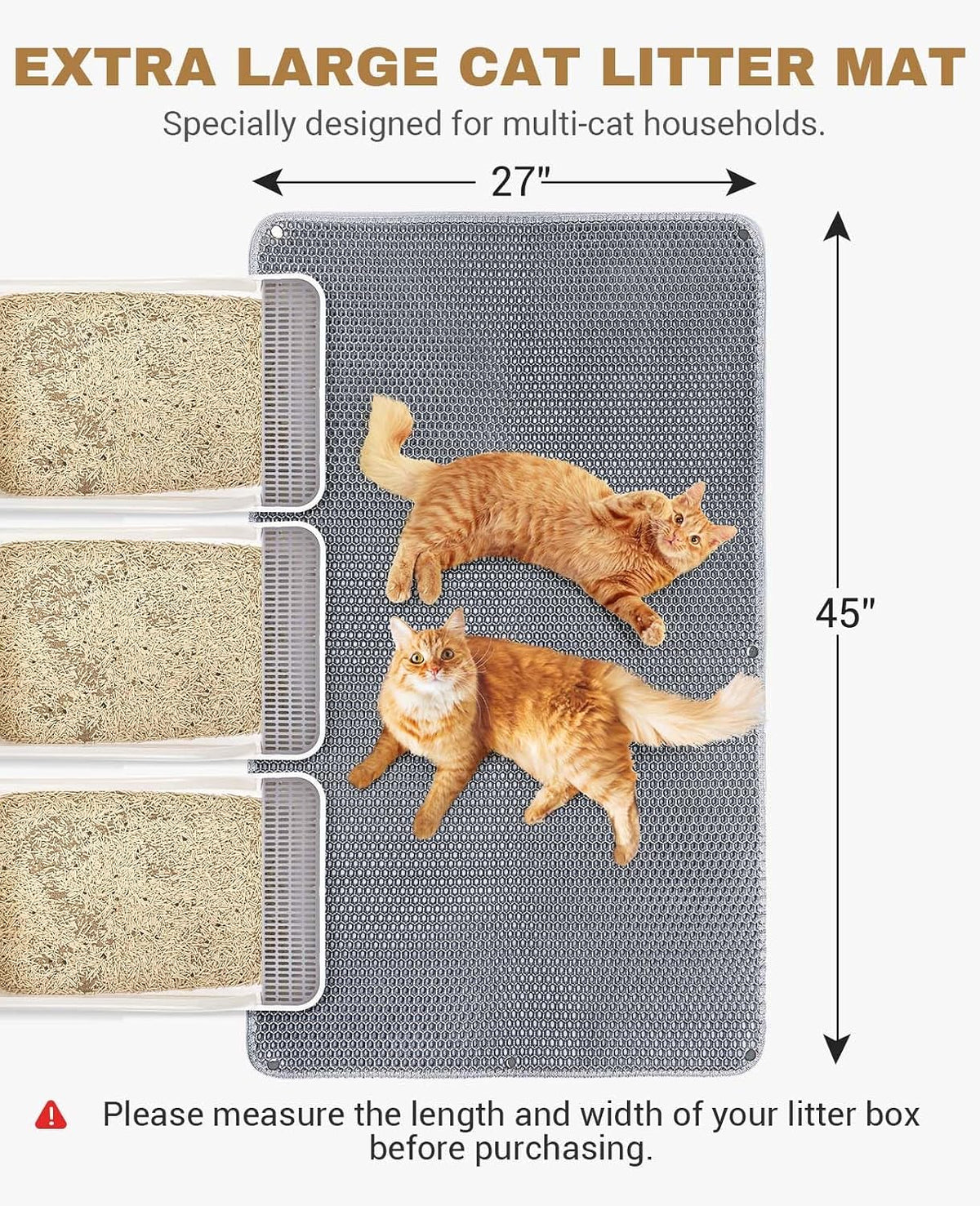 Fostanfly Cat Litter Mat, Machine Washable, Extra Large XL 45"x27", Gray | Cat Litter Trapping Mat, Urine & Waterproof, Double Layer Design, Honeycomb Scatter Control- Easy Clean for Floor