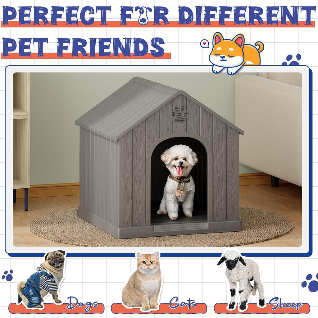 Bifanuo Dog House Outdoor Indoor, Plastic Small Dog House-Weatherproof Design with Air Vents & Elevated Floor for Small to Medium Dogs, Easy Clean and Assemble (Grey, 26" L x 23.6" W x 25.8" H)