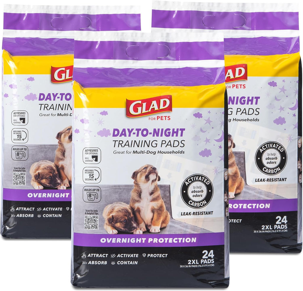 Glad for Pets Giant Activated Carbon Training Pads, 30 x 36 In, 24 Ct, 3-Pk | Adhesive backing and wall protection for leak-proof, super-absorbent day-to-night coverage