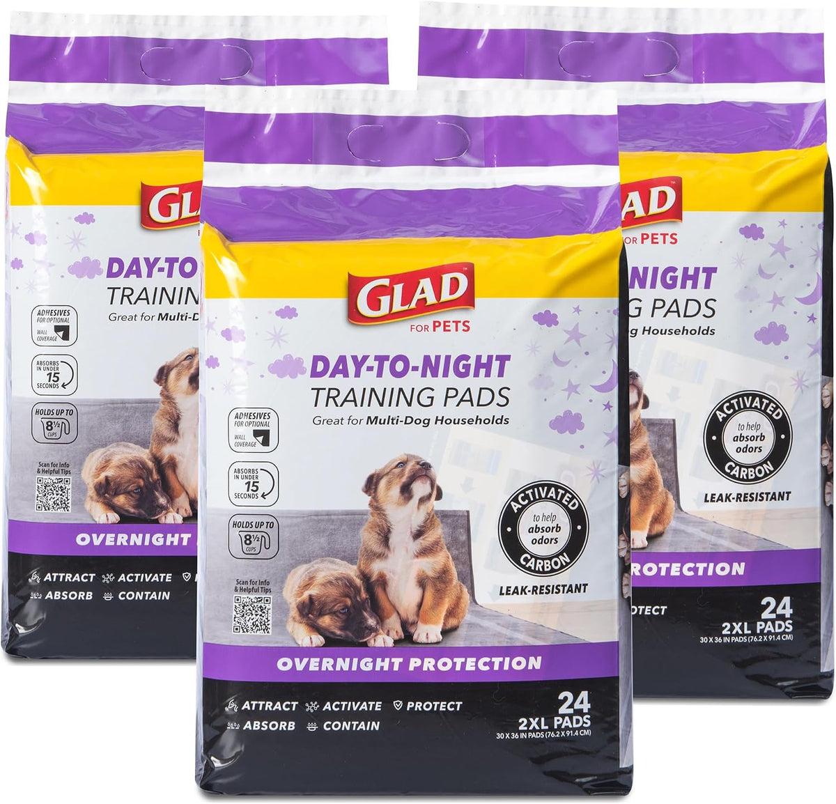 Glad for Pets Giant Activated Carbon Training Pads, 30 x 36 In, 24 Ct, 3-Pk | Adhesive backing and wall protection for leak-proof, super-absorbent day-to-night coverage