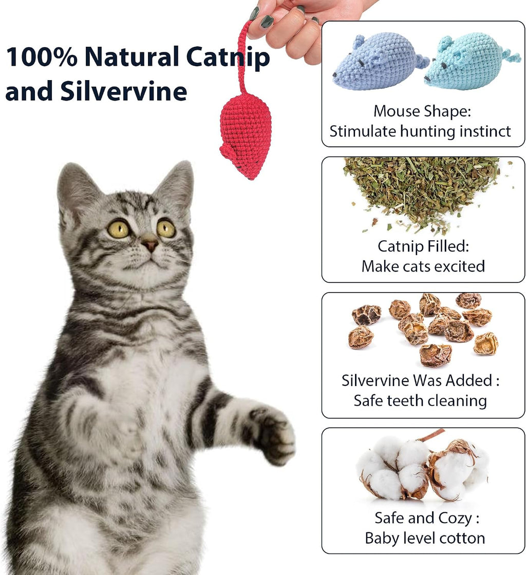 Catnip Toys Crochet Mouse, 6 Pcs Yarn Cat Nip Mice Safe Teeth Cleaning Chew Toy for Indoor Kittens Kitty, Adult Cats Interactive Catnip Cat Kicker Toys Anxiety Relief