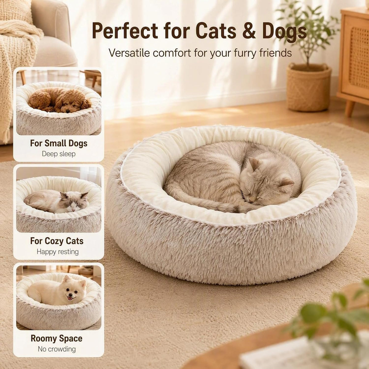 Calming Donut Pet Bed, Brown 19.7in for Cats Small Medium Dogs