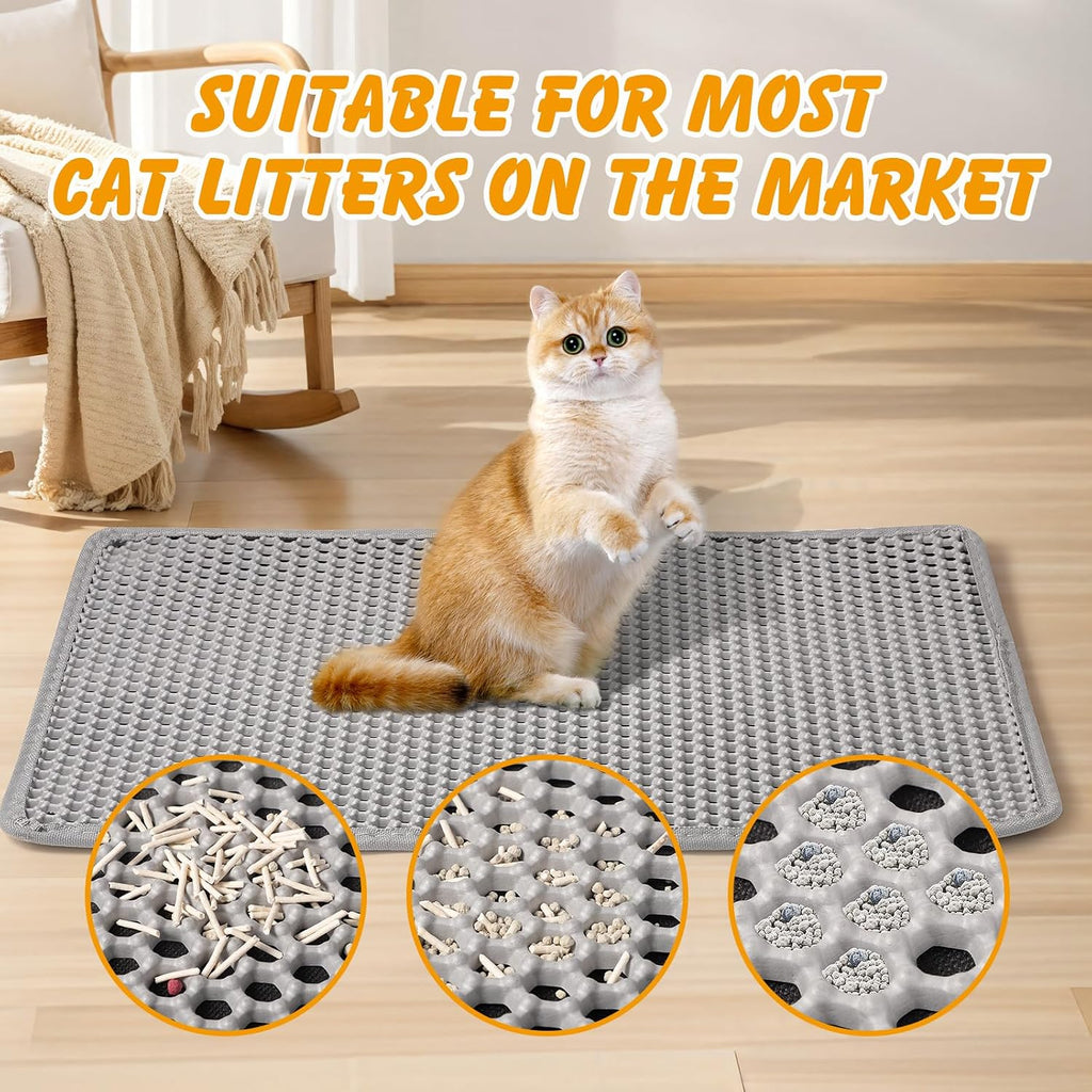 ondware Cat Litter Mat 24 x 15 in, Double Layer, Waterproof, Gray | Honeycomb EVA litter trapper, urine-proof non-slip base, soft on paws, easy shake or rinse clean