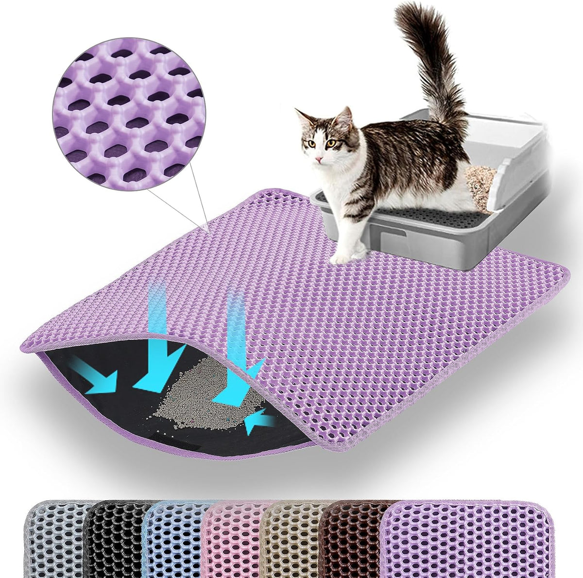 Extra Large Cat Litter Mat, Double Layer Honeycomb Design | 30x22”, Reduces Litter Tracking, Easy to Clean, Waterproof, Non-Slip, Soft on Paws, Scratch Resistant, Purple, XL