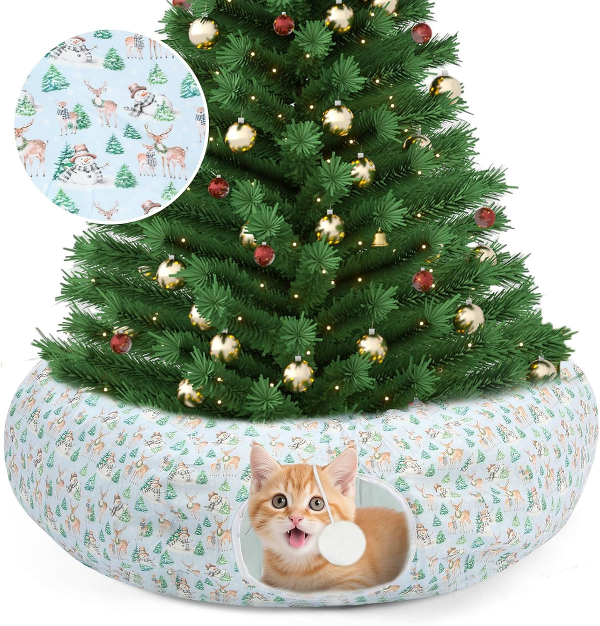 Hollowfly Woodland Christmas Cat Bed Tunnel 3ft x 3ft x 9.8in Winter Forest Under Tree Cat Donut Tunnels Snowman Reindeer Plush Peekaboo Cave Toy Collapsible 3 Way Xmas Gifts for Small Kitty