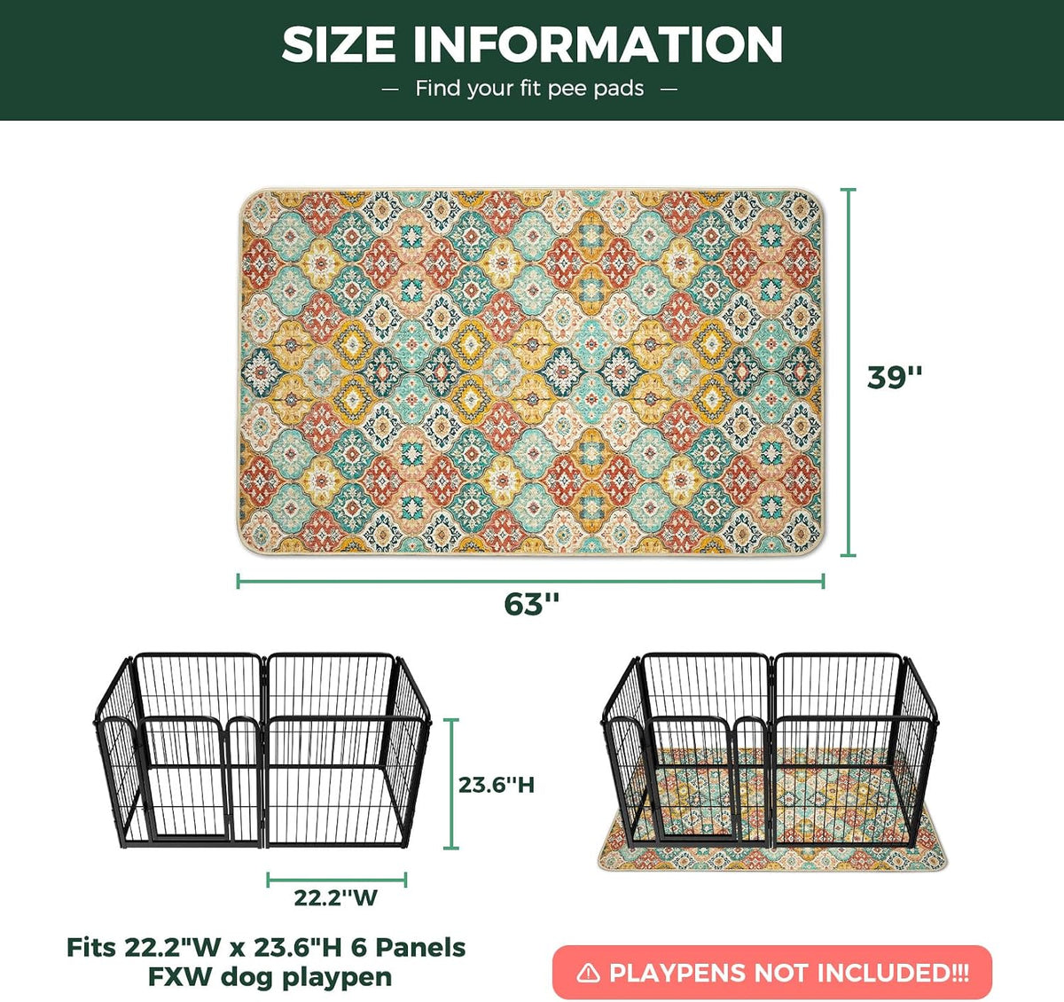 FXW Washable Pee Pads for Dogs, Super Absorbent, 39" x 63", 1 Pack | Machine washable, Non-slip backing, Fits 24"H 6-Panel FXW Rollick/Homeplus Playpens