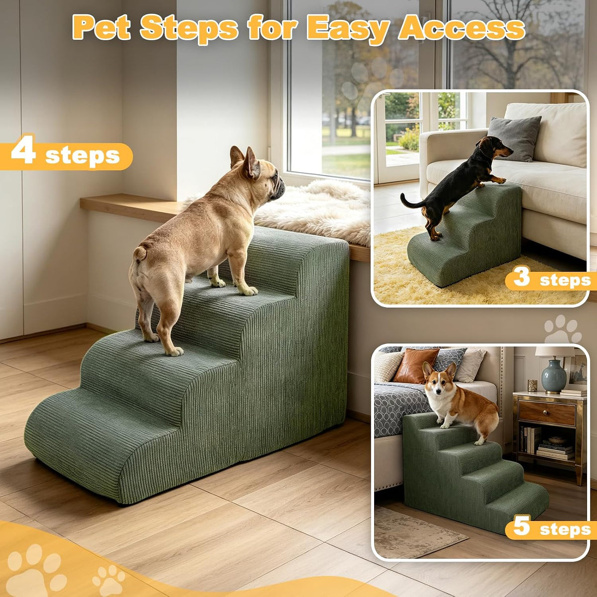 Dog Stairs for Small Dogs 18" H, 4-Step Dog Ramp for Aged and Injured Dogs, Foam Pet Stairs for Cats to Get on Bed, Couch or Chair, Non-Slip, Steady, Washable Cover, Green