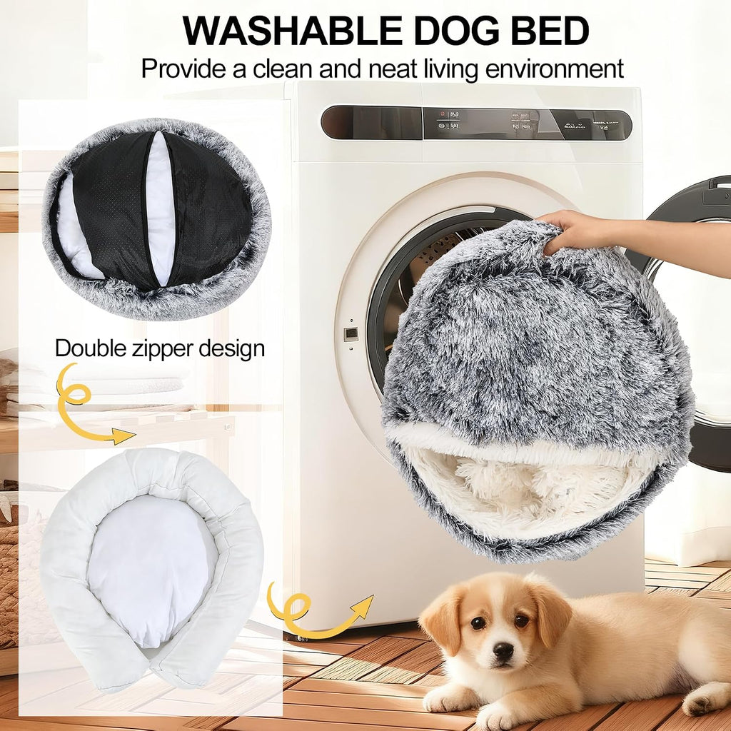 Calming Dog Beds & Cat Cave Bed with Hooded Cover,Removable Washable Round Beds for Small Medium Pets,Anti-Slip Faux Fur Fluffy Coved Bed for Improved Sleep,Fits up to 15/25 lbs(Grey,M)