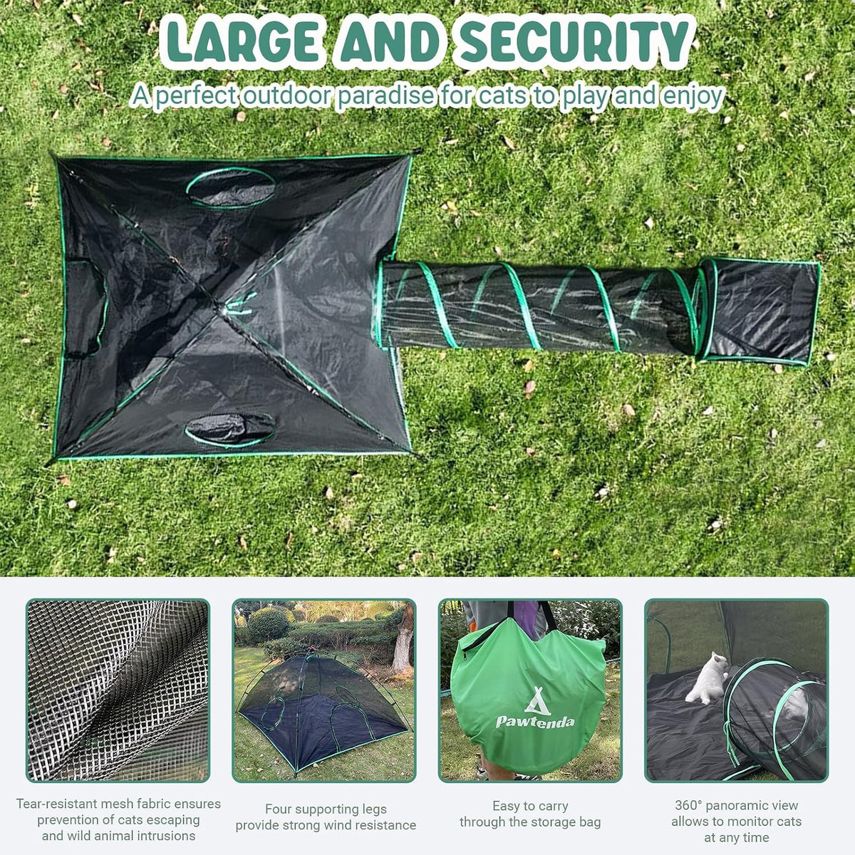 Pawtenda 3-in-1 Cat Tent & Enclosure Outdoor, Foldable Playpen with Tunnels