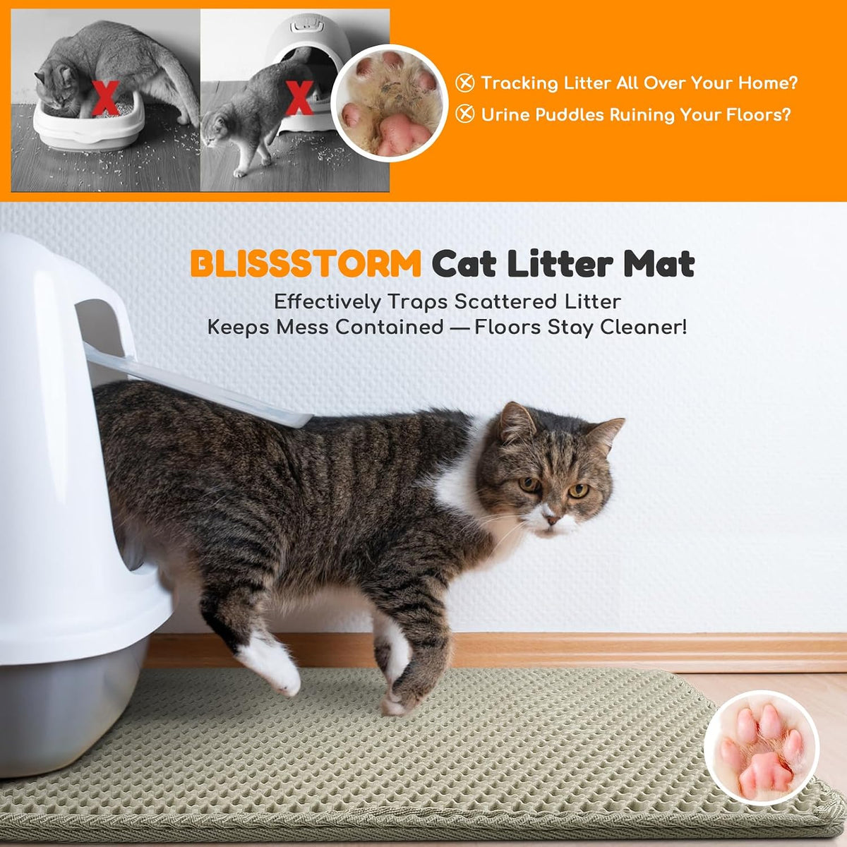 Cat Litter Mat 35"x24",Double Layer EVA litterbox Mat Beige | Extra Large Honeycomb, Waterproof & non-slip, Odor-free, easy clean, washable durable floor protector,scatter control