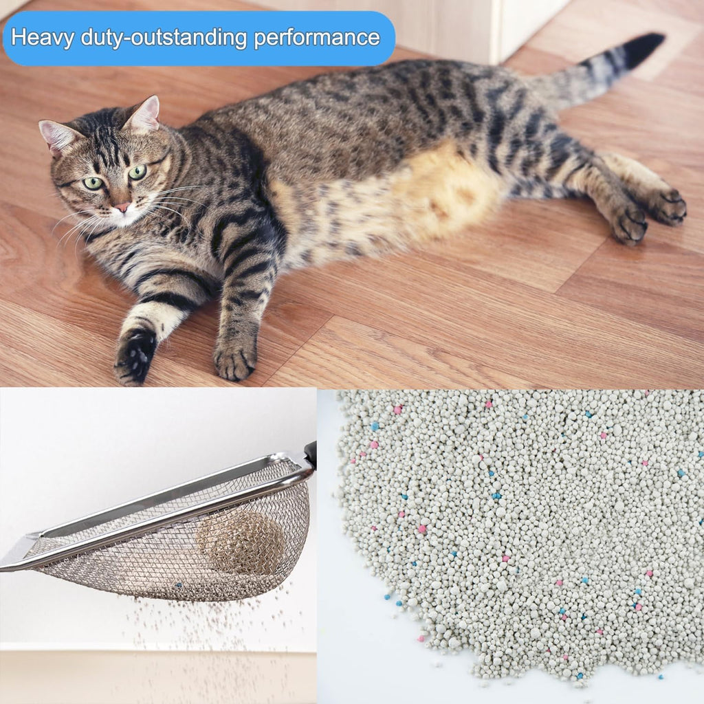 Cat Litter Scoop, Stainless Steel Cats Sturdy Mesh Scooper Kitty Metal Scooper Long Handle Scooper Shovel Sifter for All Litter Types Metal Cat Scooper for Litter Box (2mm fine meash cat litter scoop)