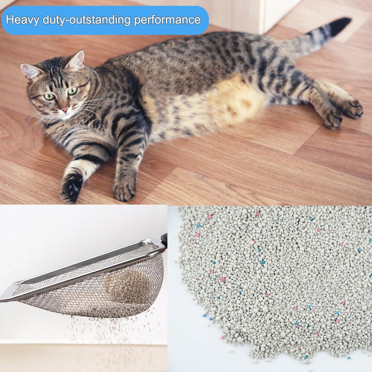 Cat Litter Scoop, Stainless Steel Cats Sturdy Mesh Scooper Kitty Metal Scooper Long Handle Scooper Shovel Sifter for All Litter Types Metal Cat Scooper for Litter Box (2mm fine meash cat litter scoop)
