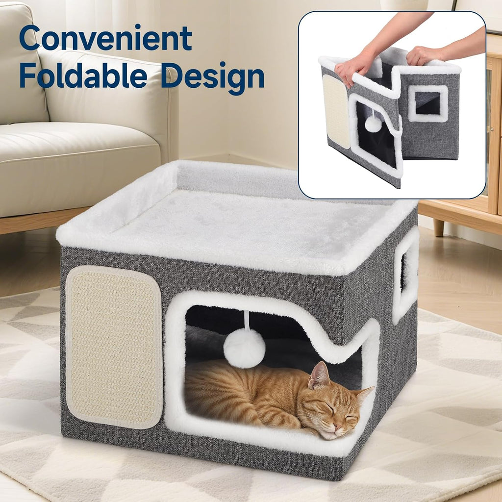 Shikha Cat Bed House for Indoor Cats with Fluffy Ball and Scratch Pad Grey