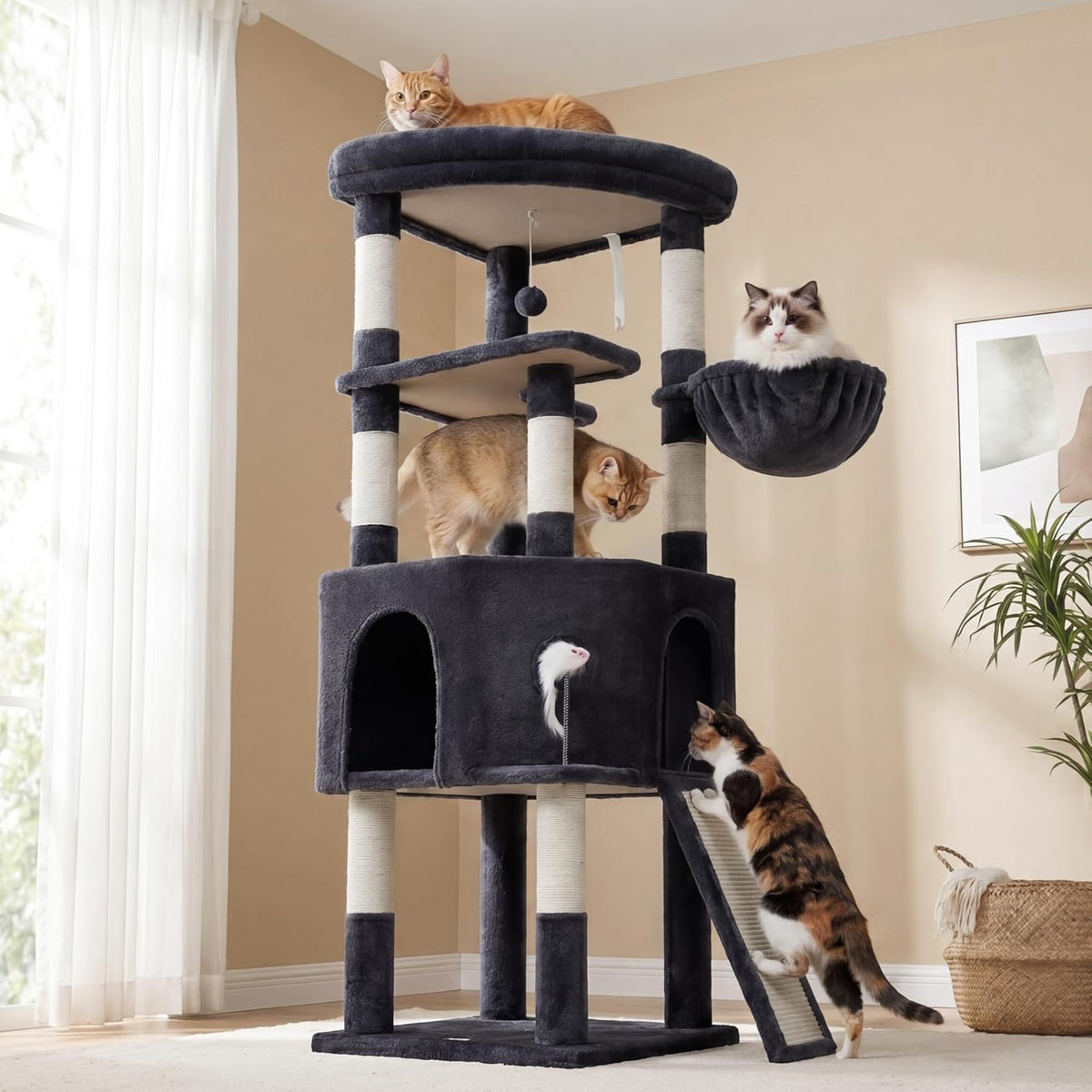 Cat Tree, 61 Inch Tall Cat Tower, Diamond-Shaped Cat Cave VCT001G