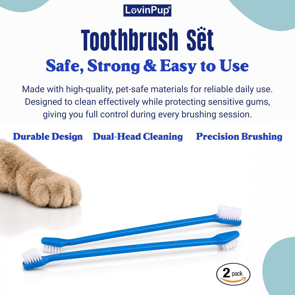 Double-Sided Dog Toothbrush Set – Cat & Dog Toothbrushes (2-Pack) | Pet Toothbrushes w/Soft Bristles – Long Handle & Gentle Cleaning Design for Pet Dental Care, Plaque & Tartar Removal at Home 