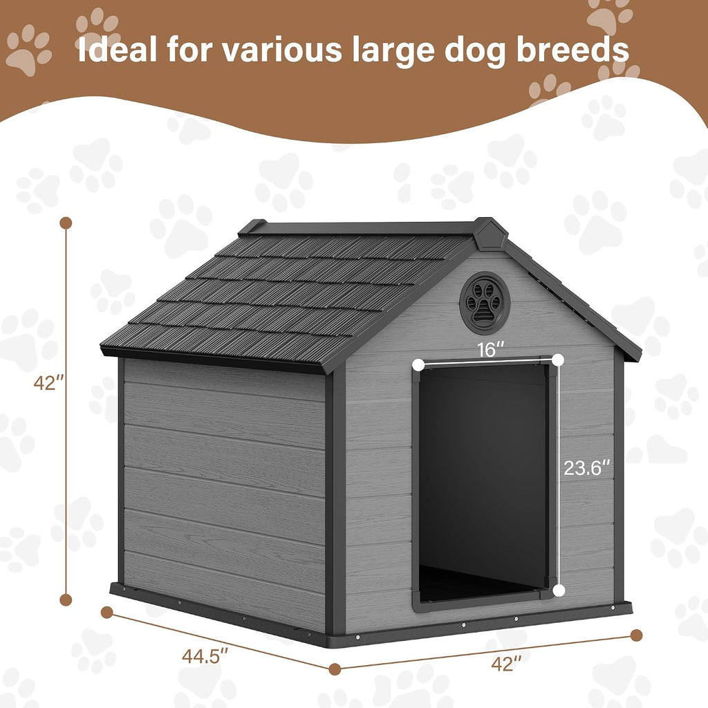 Bifanuo Extra Large Dog House for Outdoor, Weatherproof Dog House for Large Breed with Air Vents & Elevated Floor, Easy Assemble and Clean (Black, 42''L×44.5''W×42''H)