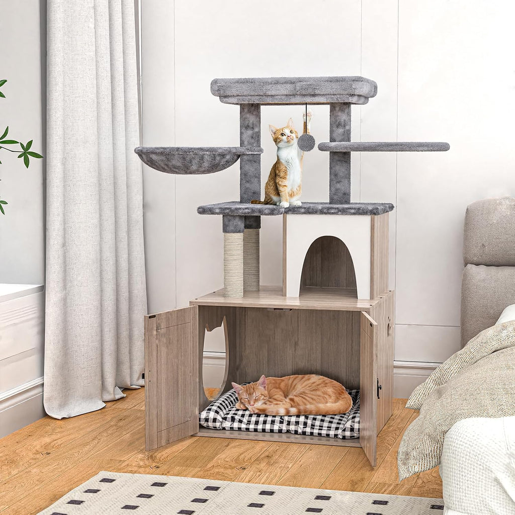 HavenlyYouth Litter Box Enclosure with Cat Tree,Cat Tree with Litter Box Enclosure,Hidden Pet Washroom Furniture with Sisal Scratching Post,Hammocks,Condo,Multiple Platform,Soft Plush Perch, Grey