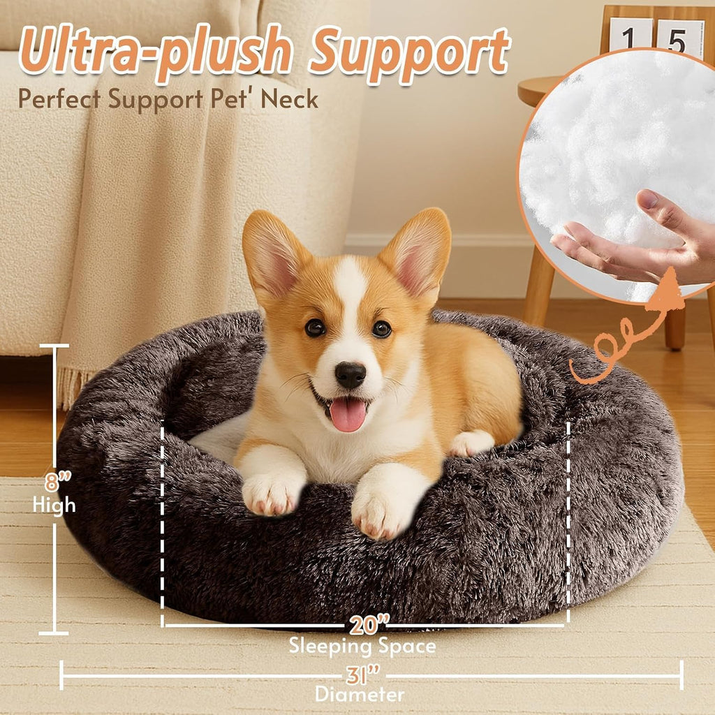 JOLLYVOGUE Calming Dog Bed Medium Size Dog, 31in Donut Washable Medium Pet Bed, Anti-Slip & Anti-Anxiety Fluffy Faux Fur Round Dogs Bed, Fits up to 45 lbs Pets (Chocolate)