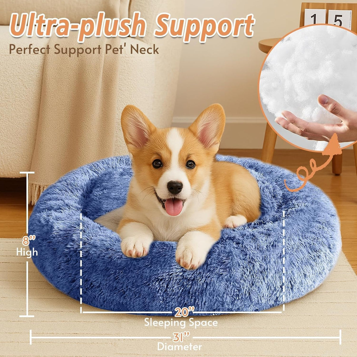 JOLLYVOGUE Calming Dog Bed Medium Size Dog, 31in Donut Washable Medium Pet Bed, Anti-Slip & Anti-Anxiety Fluffy Faux Fur Round Dogs Bed, Fits up to 45 lbs Pets (Navy Blue)