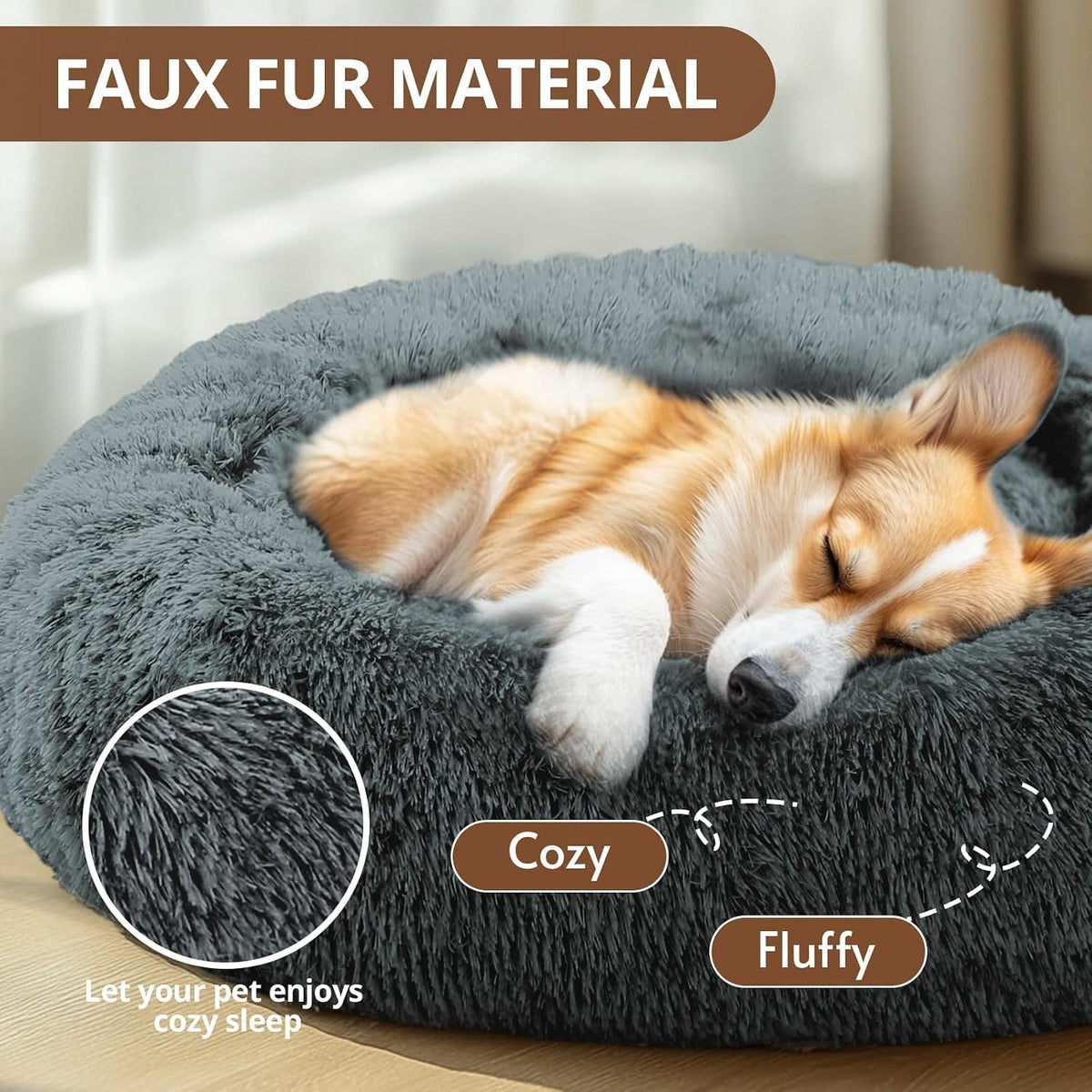 JOLLYVOGUE Calming Dog Beds Large Sized Dog, 36in Donut Washable Large Pet Bed, Anti-Slip & Anti-Anxiety Fluffy Faux Fur Round Dogs Bed, Fits up to 80 lbs Pets (Navy Grey)