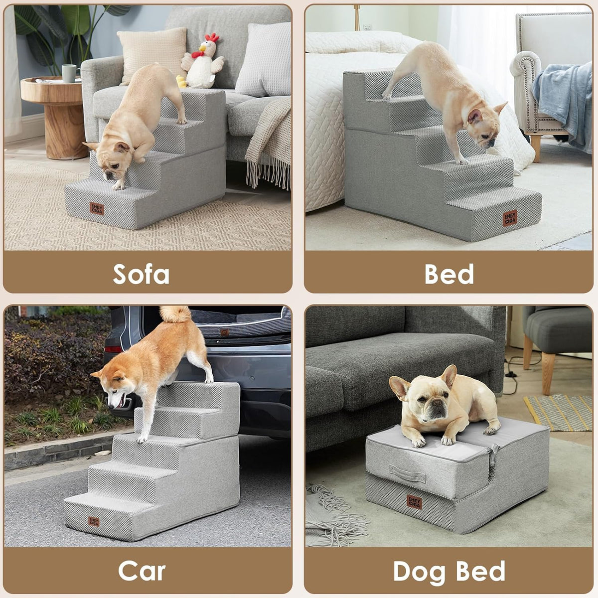 EHEYCIGA Dog Stairs for Small Dogs 13.5" H, 3-Step Dog Steps for Cats, Light Grey