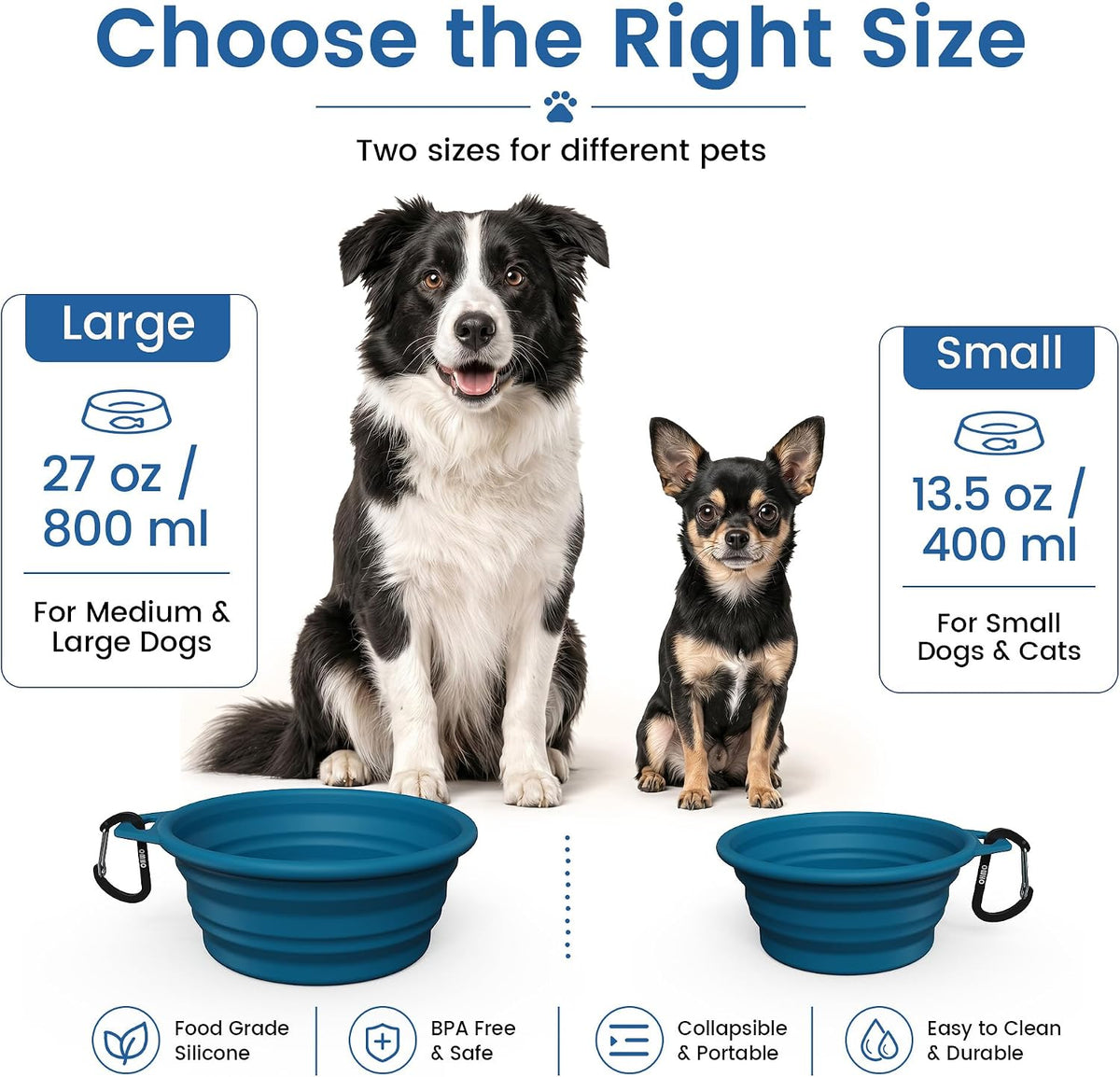 OHMO Collapsible Dog Bowls for Pet Travel, 12oz, 2pcs, Dark&Light Blue | Portable Water Bowl, Cat-Friendly, BPA-Free Silicone, Foldable Storage, Lightweight Carry, Hiking&Camping Gear, Easy-Clean