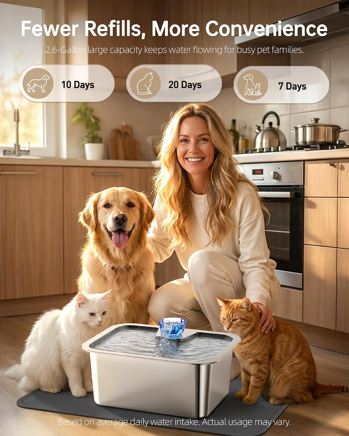10L (2.64 Gallon) Dog Water Fountain with Silicone Mat, Stainless Steel Pet Water Dispenser with 6 Filters, Quiet Automatic Water Bowl for Large Dogs and Multi-Pet Homes, Easy to Clean