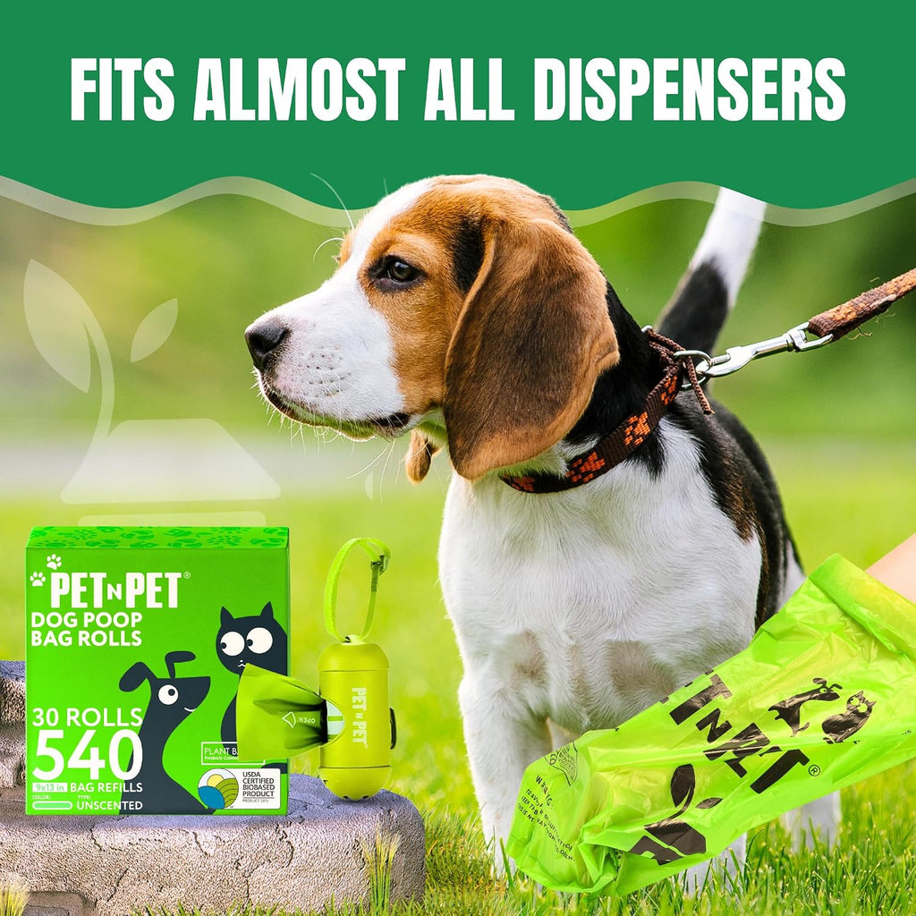 Pet N Pet Dog Poop Bags Rolls, 540 Count, Plant Based, Unscented, Green | 41%, 59% PE, Extra Thick, 9 x 13, Waste, Supplies, Leak-Proof, Tear-Resistant, Easy-Tear Design, Durable, dog waste bags
