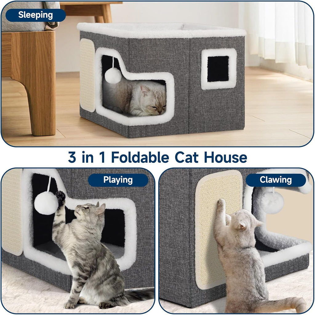 Shikha Cat Bed House for Indoor Cats with Fluffy Ball and Scratch Pad Grey