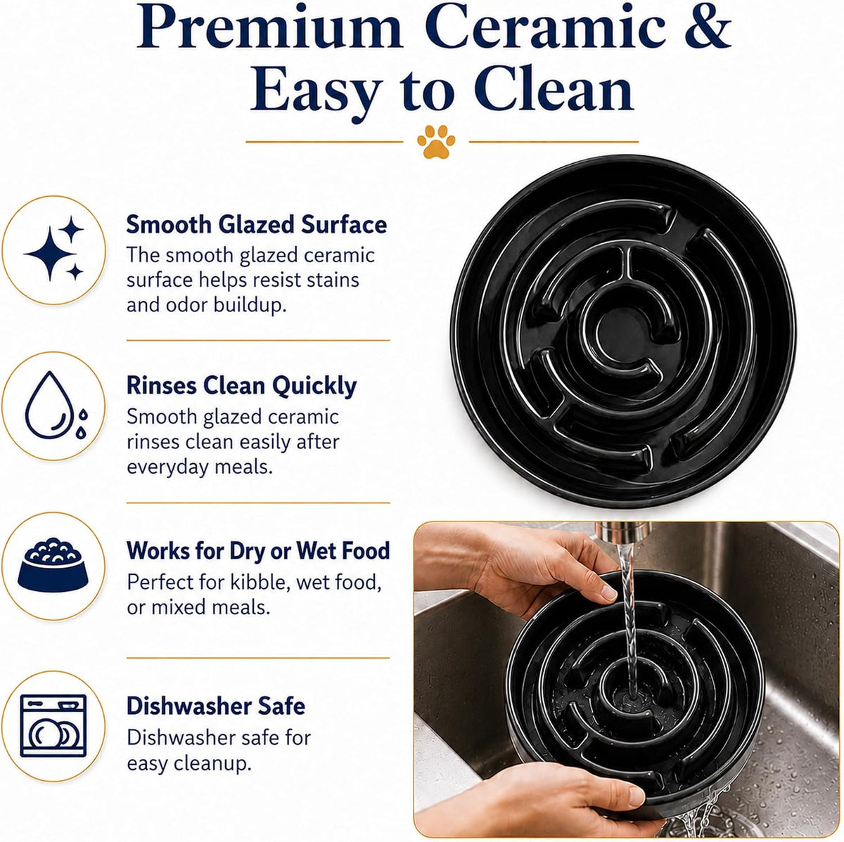 Ceramic Slow Feeder Dog Bowl, 1.5 Cup Puzzle Dish for Small Medium Dogs