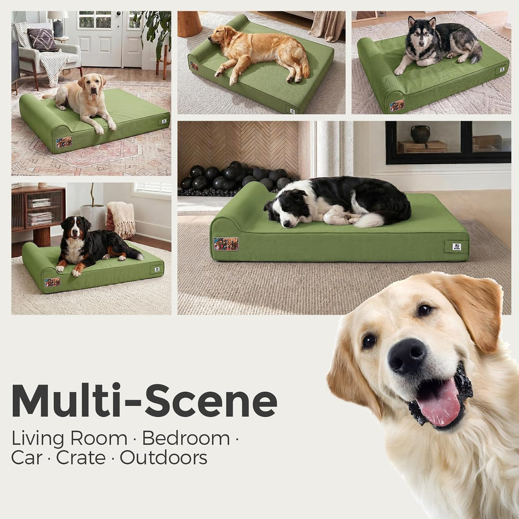 Sytopia Orthopedic Dog Beds for Extra Large Dogs, 7" Extra Thick Memory Foam Canvas Pet Bed with Durable Chew Proof Fabric Cover, Waterproof Liner & Washable Cover, Nonskid Bottom, Green