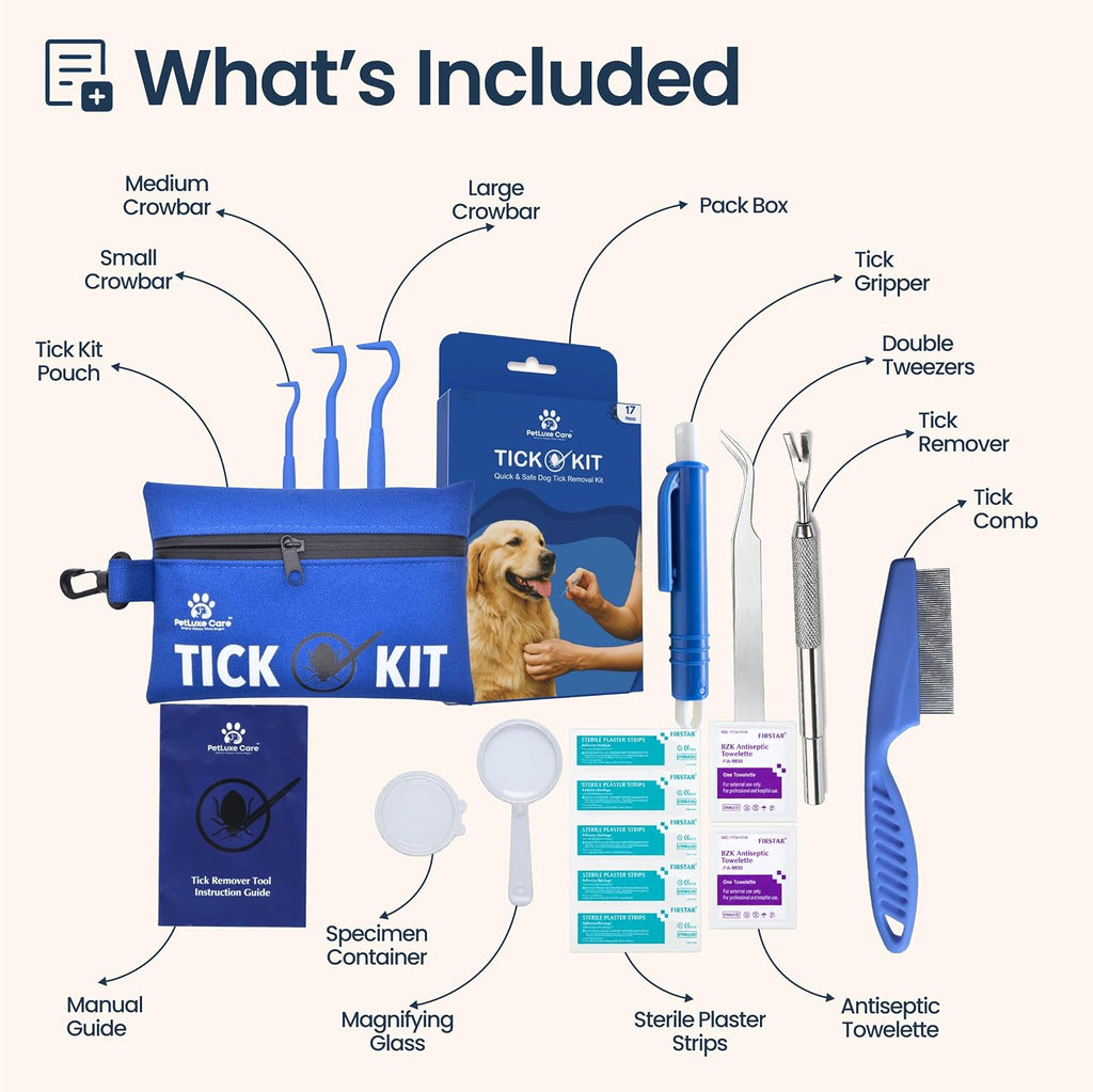 Complete Tick Removal Kit for Dogs & Cats – Tick Remover Tool Set with 3 Size Hooks, Tick Comb & Stainless Steel Precision Tick Remover + Tweezers, Travel Pouch – Safe, Fast Tick Removal