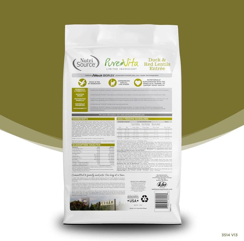 NutriSource Pure Vita Grain Free Cat Food, Duck and Red Lentils, 12LB