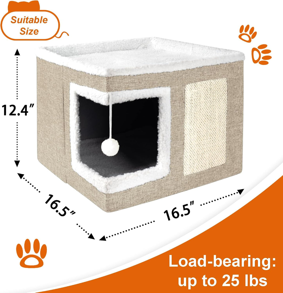 Loyareal Cat Houses for Indoor Cats - Large Cat Bed Cave with Scratch Pad and Fluffy Ball, Foldable Cat Condo Hideaway with Reversible Cushion for Multi Small Pet, Khaki