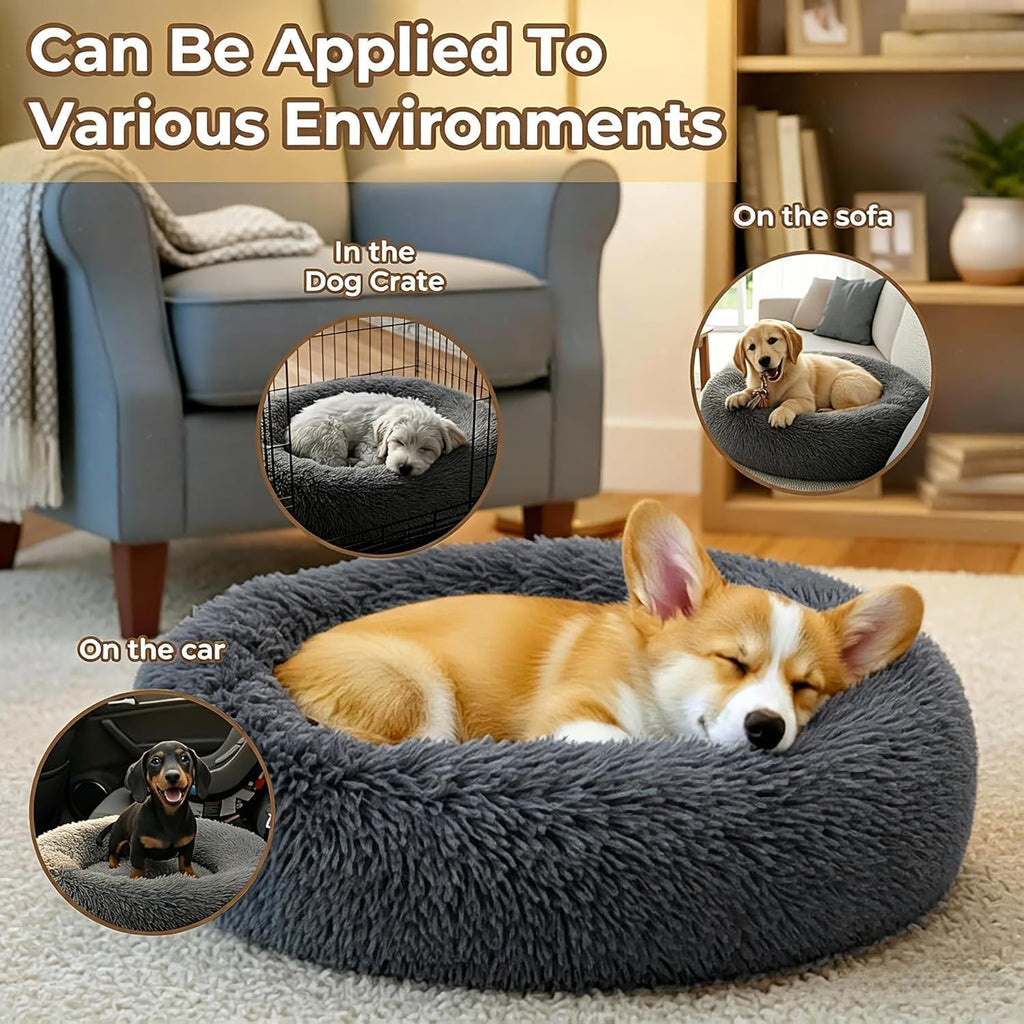 Calming Extra Large Donut Dog Bed, Anti-Anxiety Round Soft Fluffy Plush Faux Fur Washable Anti-Slip Pet Bed for Medium Dogs Up to 45 lbs 32in Darkgray