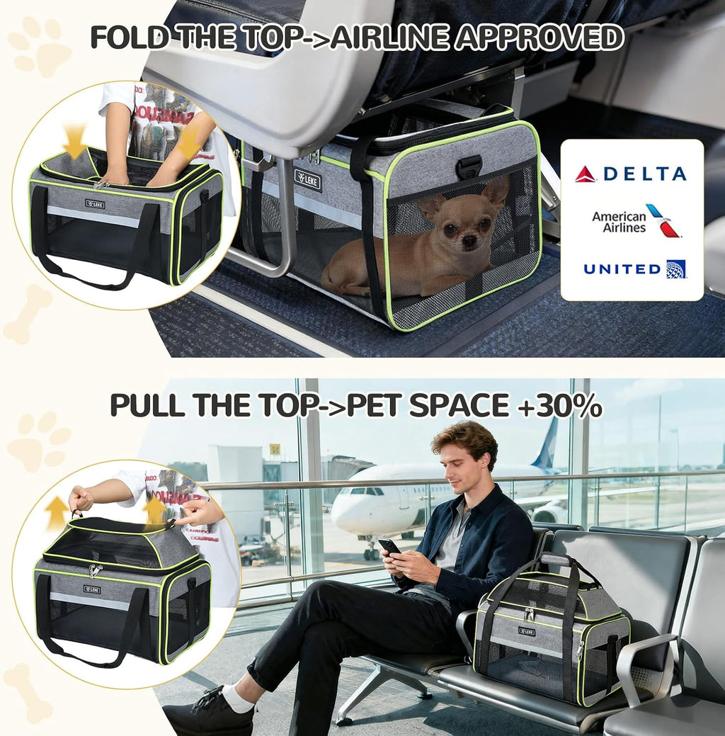 Lekereise Top-Expandable Pet Carrier 18x11x11Inch Delta American United Airline Approved Soft Sided Underseat to 15lbs Travel Carriers for Small Dogs Cats with Locking Safety Zippers Anti-Scratch Mesh