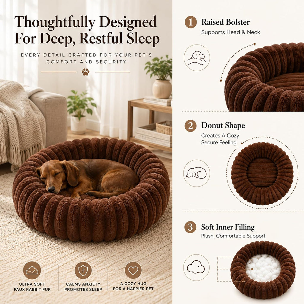Calming Small Medium Dog Bed Donut Washable Puppy Bed, 27.5” Coffee
