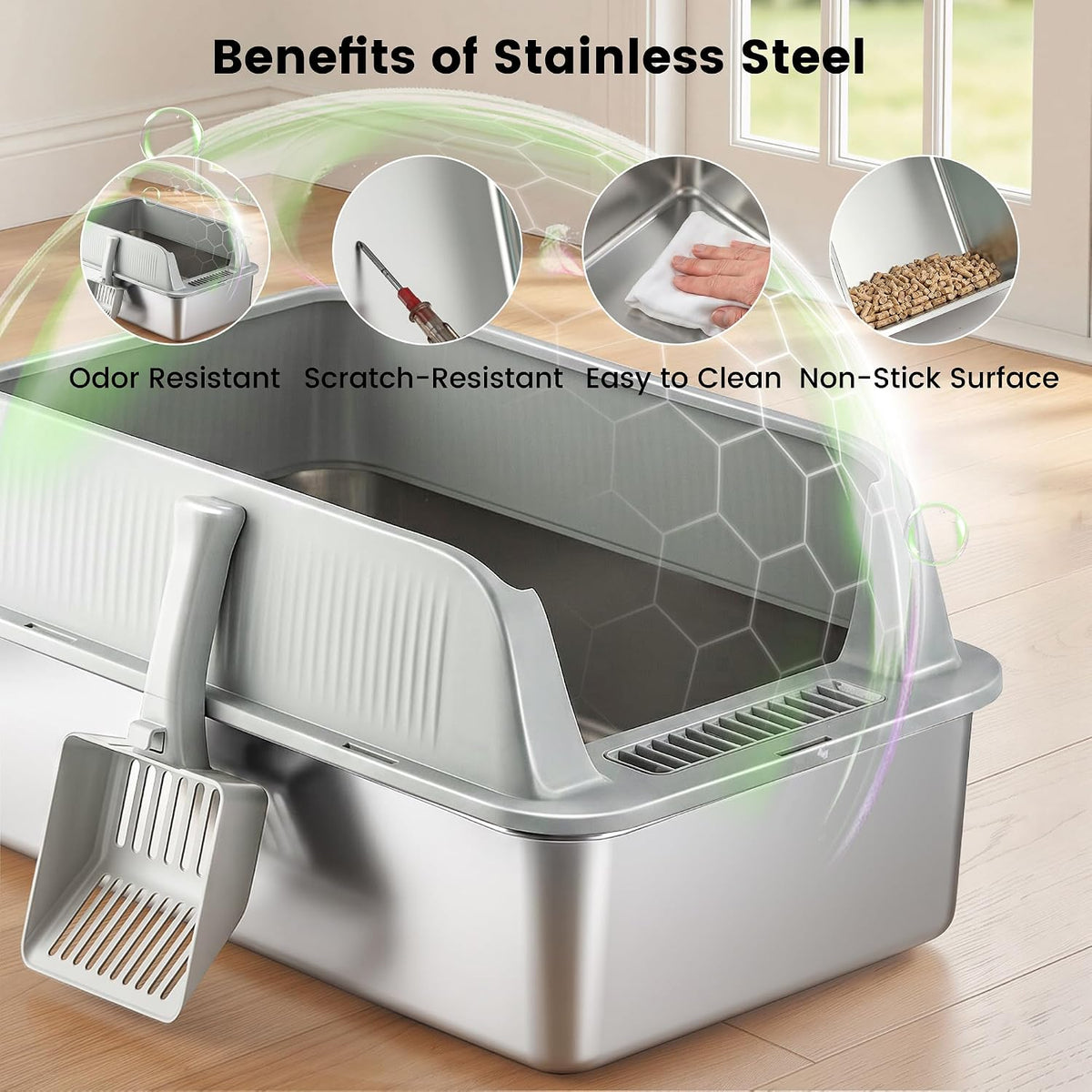 Stainless Steel Sifting Litter Box for Pine Pellets, Sifting Cat Litter Box with Sifter, High Side for Small Cats, Anti-Leakage, Odor Control, Includes Scooper, 22.4" x 14.6" x 11"