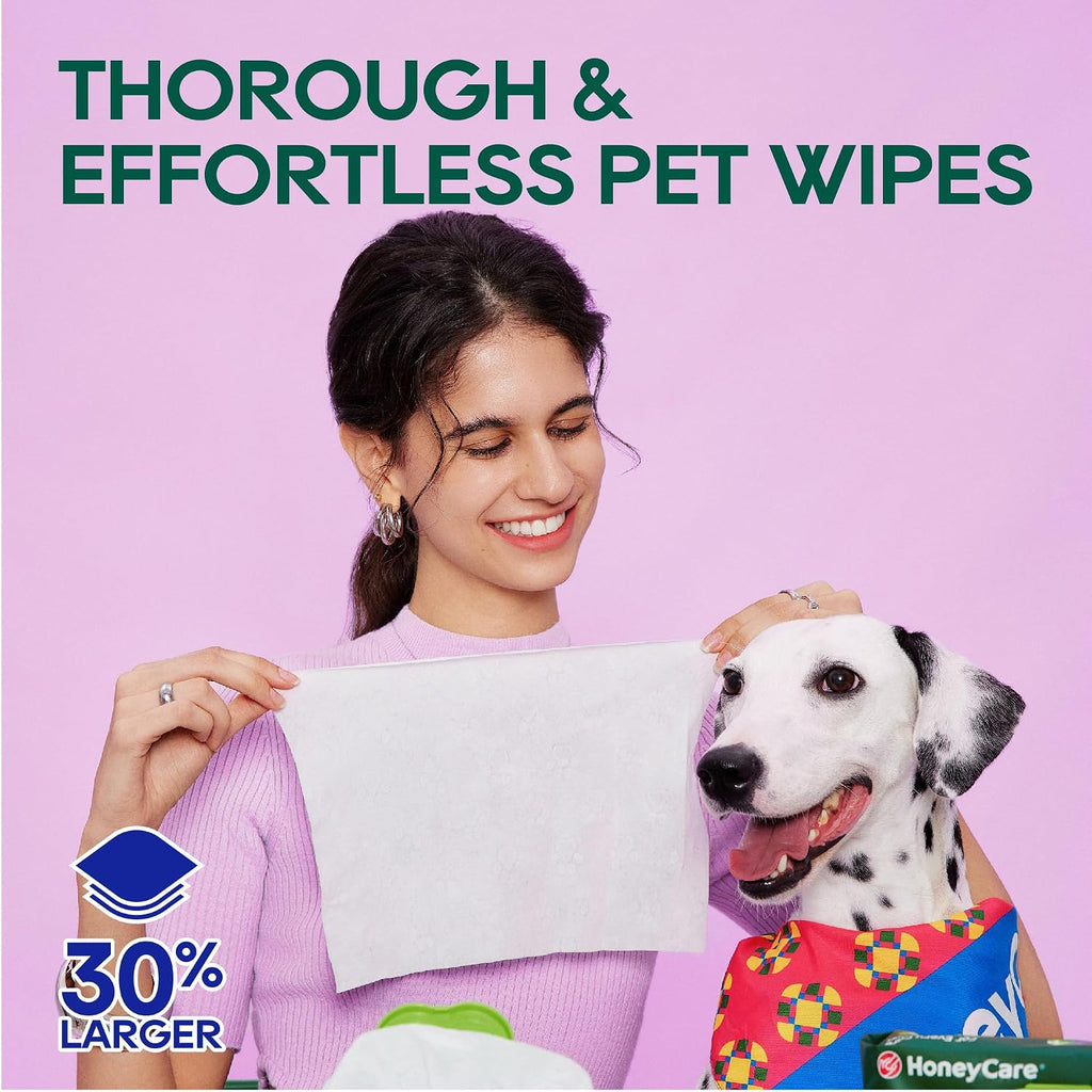 HONEY CARE Disposable Pet Wipes for Dogs & Cats, Fragrance-Free, 400 Count (4 Packs of 100 Wipes), Cleansing & Soothing for Paws, Butt & Body