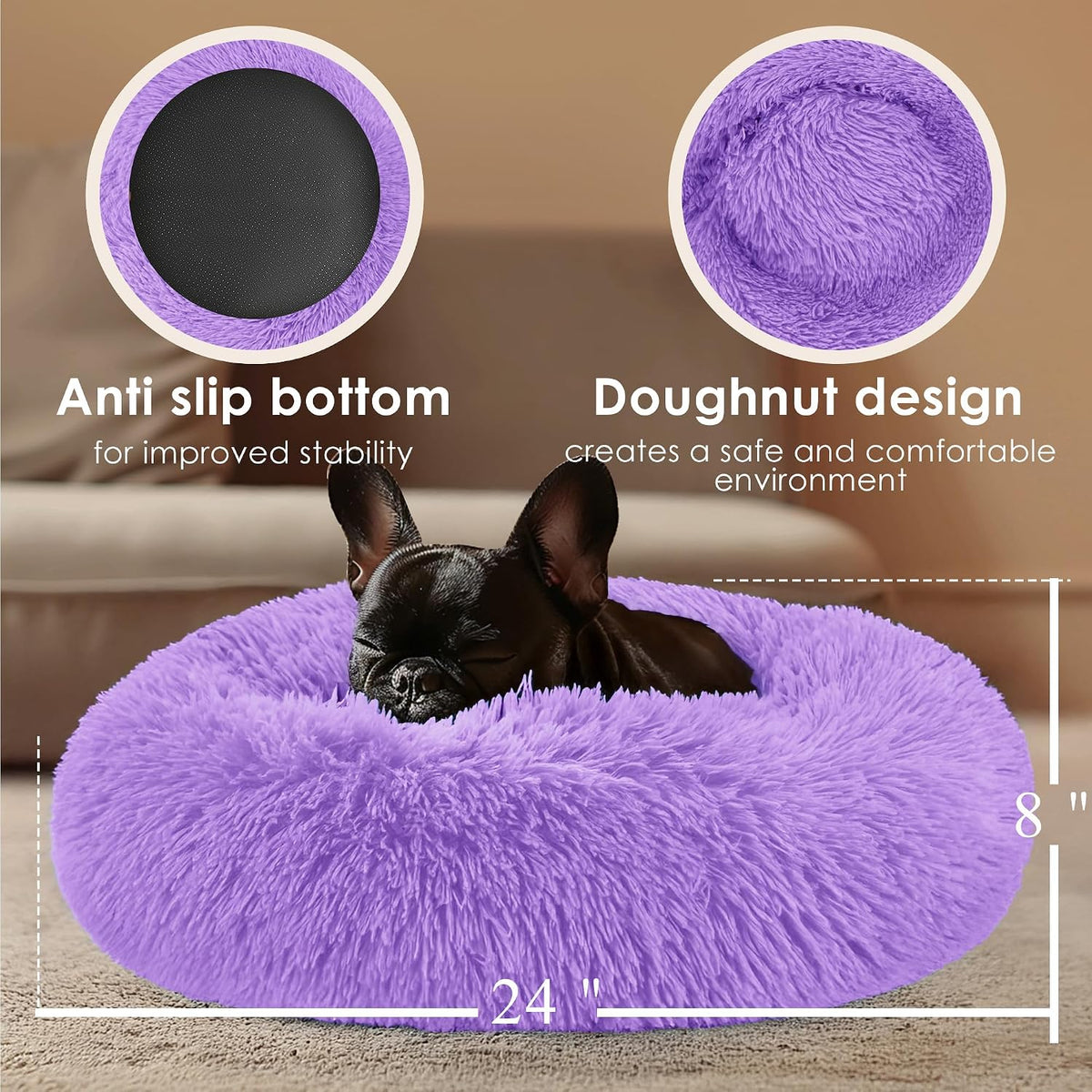 Dogs Bed for Small Dogs, Anti-Anxiety Washable Round Bed (24in Purple)