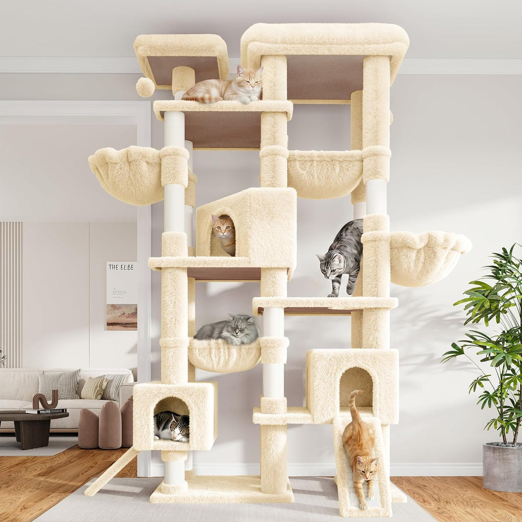 SHA CERLIN 87 in Multi-Level Tall Cat Tree Tower for Large Cats/Extra Wide Feline Activity Center/Sisal Scratching Posts/Wide Base/Cozy Plush Perches/Baskets/Hammocks/Toy Balls/Beige