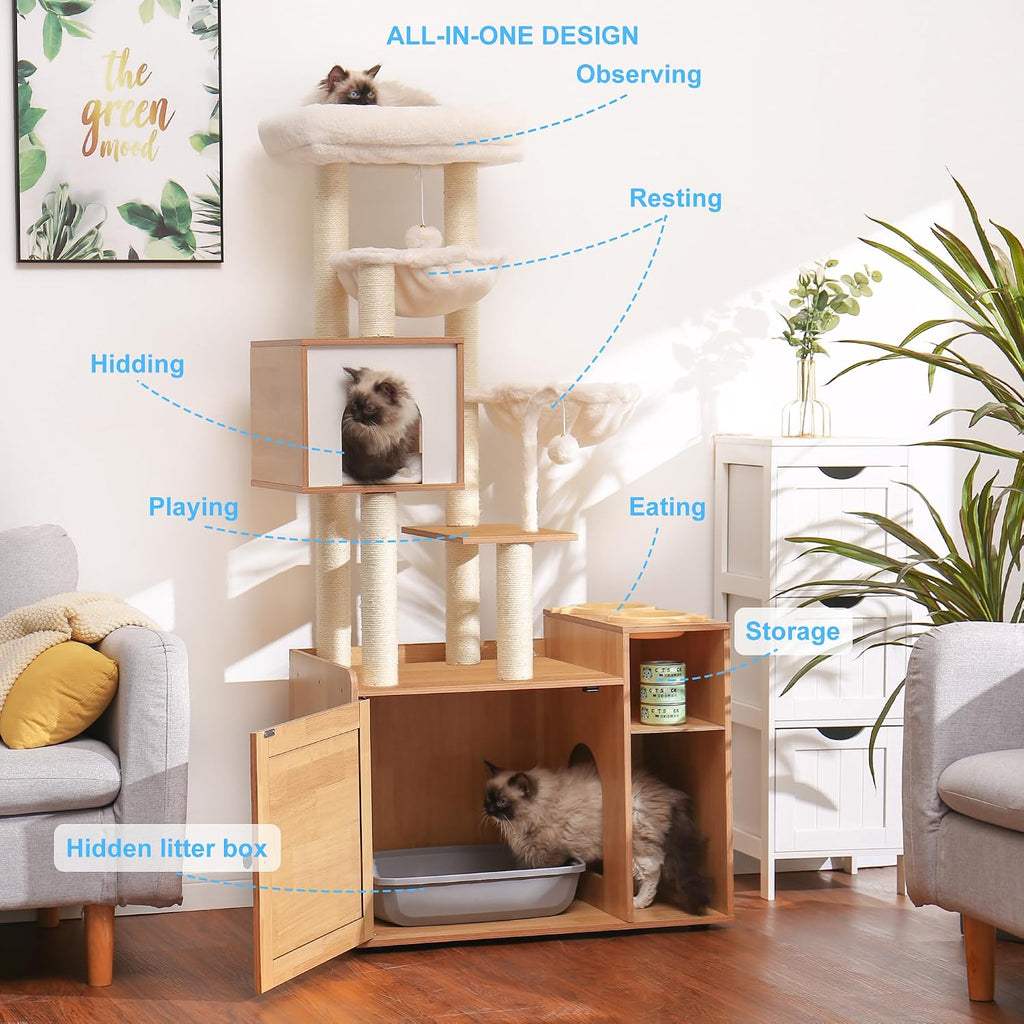 Hey-brother Cat Tree Tower, Wooden Litter Box Enclosure and Condo, MPJ115WB