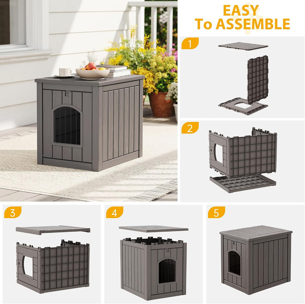 Cat Litter Box Enclosure, Multi-Functional Enclosed Cat Litter Box Furniture, Outdoor Cat House Weatherproof, Openable Front Door & Raised Floor, Easy to Clean & Assemble, Grey