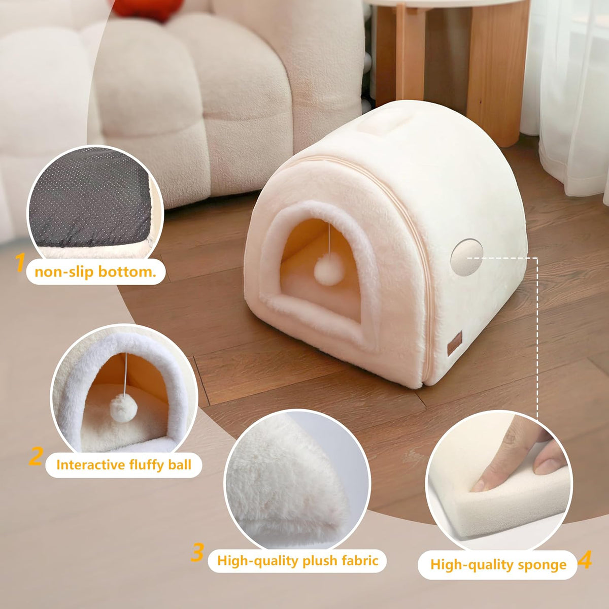 Cat Bed for Indoor Cats，Foldable cat cave，Anti-Slip & Water-Resistant Bottom，cat Houses for Indoor Cats or Small Dogs, Kitten Tent, Rabbit Bed (Cream, L:(17.5"×16.9"×15.9"))